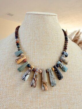 Natural Stone Statement Necklace Abstract Jasper Pendant Fringe Design